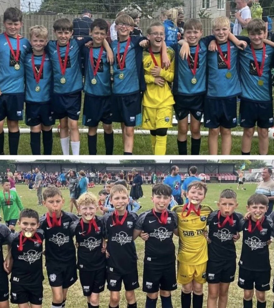 Ystrad Mynach U10 football team with medals
